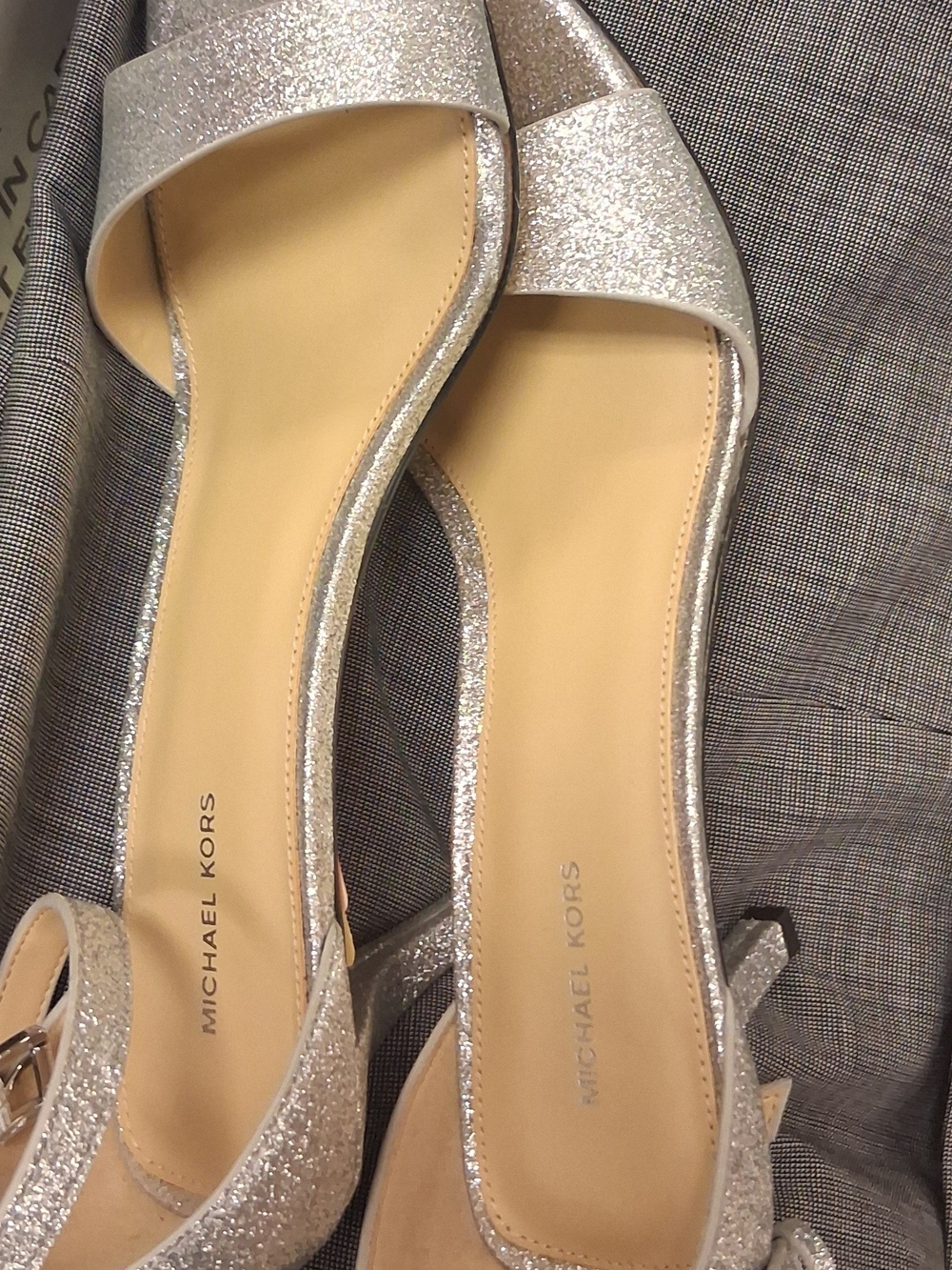 Michael Kors Glitter Open-Toe Ankle-Strap Heels in Silver